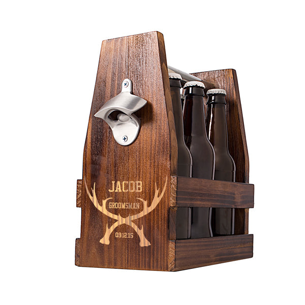 Personalized Groomsman Antlers Rustic Craft Beer Carrier with Bottle Opener