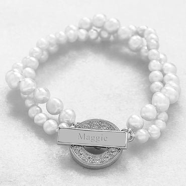 White Personalized Pearl Bracelet with Rhinestone Toggle