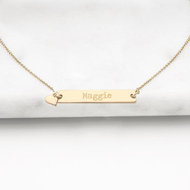 Gold Personalized Bar Necklace with Heart Charm