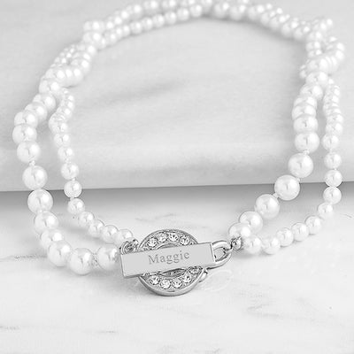 White Personalized Pearl Necklace with Rhinestone Toggle