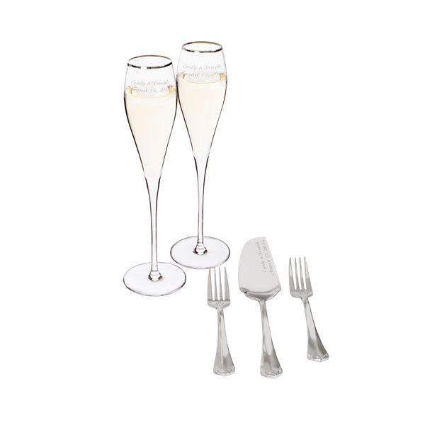 Personalized Silver Rim Champagne Flutes and Keepsake Cake Serving Set