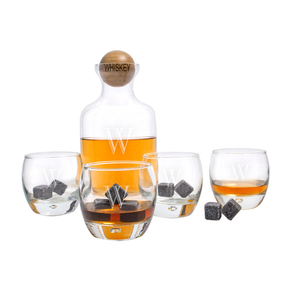 Personalized Whiskey Decanter with Wood Ball Set & Whiskey Soapstones